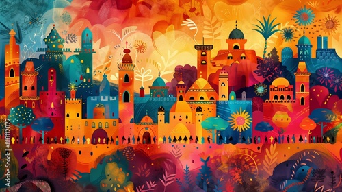 A vibrant and colorful illustration of the anciente cityscape. photo