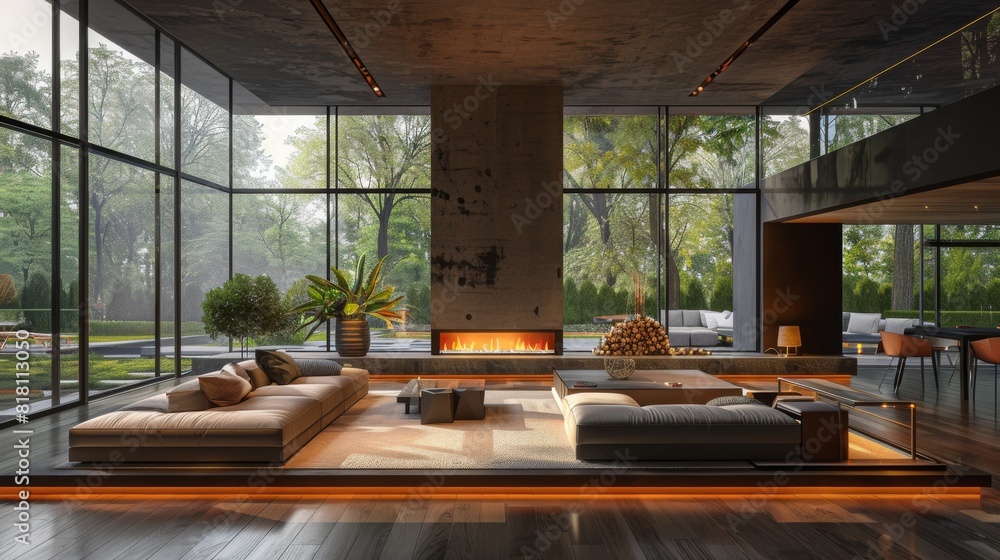High-quality image of a modern living room with floor-to-ceiling windows, a minimalist fireplace, and clean lines High-quality image of a modern living room with floor-to-ceiling windows, a minimalist fireplace, and clean lines