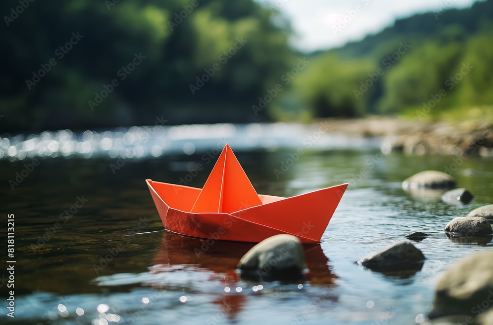 Paper boat floating on a river