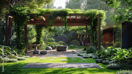 Home garden designed like a forest, with a wooden pergola covered in climbing plants and surrounded by trees