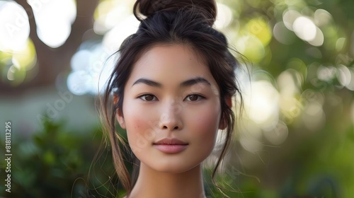 serene young asian woman with hair in bun soulful eyes and peaceful expression portrait