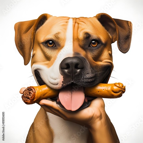 A dog holding a sausage in its mouth image design card lively attractive.