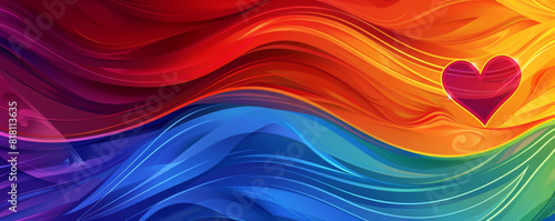 Dynamic wave pattern background in LGBTQ Pride colors  a heart symbol on the right providing a vibrant setting for messages of love and equality. photo