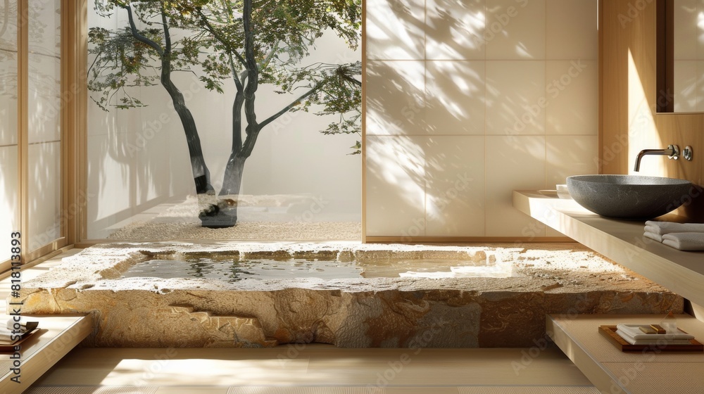Japanese bathroom with a low-profile soaking tub, stone sink, and tatami mats Japanese bathroom with a low-profile soaking tub, stone sink, and tatami mats