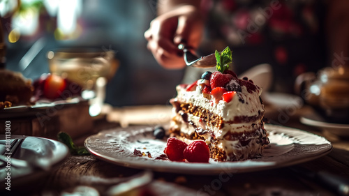 Slice of cake with berries being served on a plate. Close-up shot of a layered dessert. Food and dessert concept. Design for poster  banner  greeting card  invitation  postcard