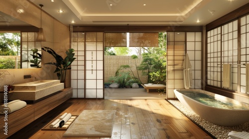 Japanese-style bathroom with a deep soaking tub, bamboo flooring, and shoji screen partitions © G.Go