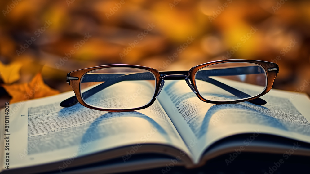 Reading glasses resting on an open book with autumn leaves in the background. Close-up shot of eyeglasses and book. Education and autumn concept. Design for poster, banner, greeting card Reading glasses resting on an open book with autumn leaves in the background. Close-up shot of eyeglasses and book. Education and autumn concept. Design for poster, banner, greeting card