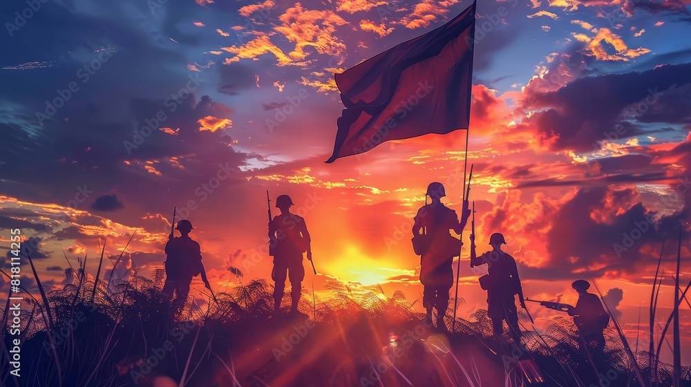 Solider Rising Flag silhouetted soldiers raising flag at sunset honoring day of valor araw ...
