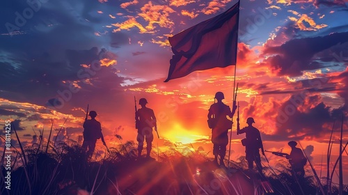 silhouetted soldiers raising flag at sunset honoring day of valor araw ng kagitingan dramatic digital painting photo