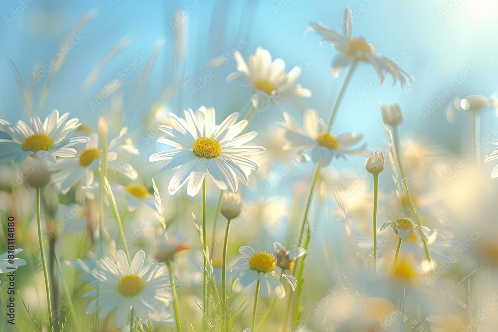 A beautiful, sun-drenched spring summer meadow. Natural colorful panoramic landscape with many wild flowers of daisies against blue sky. A frame with soft selective focus with generative ai