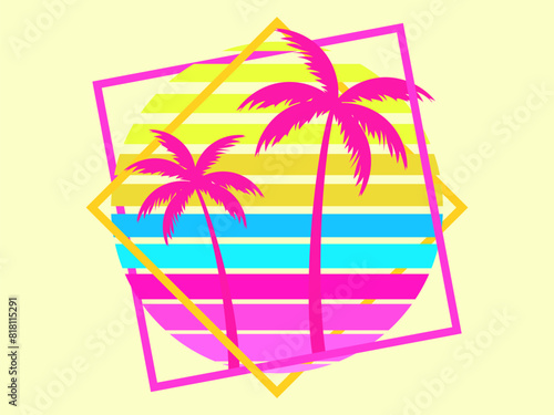 Retro sci-fi palm trees from the 80s at sunset in a square frame. Retro futuristic sun with palm trees. Synthwave and Retrowave style. Design of advertising banners and posters. Vector illustration
