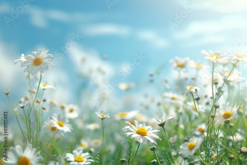 A beautiful, sun-drenched spring summer meadow. Natural colorful panoramic landscape with many wild flowers of daisies against blue sky. A frame with soft selective focus with generative ai