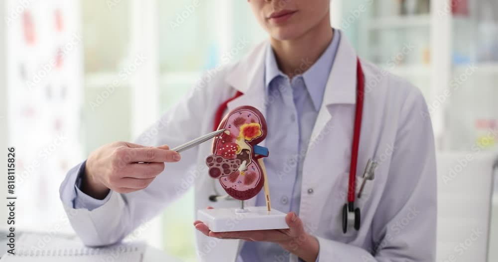 Doctor points pen to kidney artificial model with inflammation standing in hospital office. Concept of health care with treatment and students education slow motion Doctor points pen to kidney artificial model with inflammation standing in hospital office. Concept of health care with treatment and students education slow motion