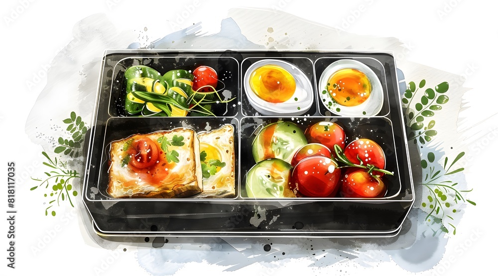 Colorful wholesome bento box with fresh veggies eggs and lasagna Colorful wholesome bento box with fresh veggies eggs and lasagna