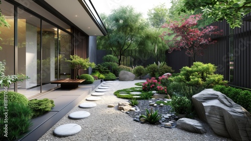 Minimalist garden with a Zen rock garden, clean-lined pathways, and low-maintenance plants © G.Go