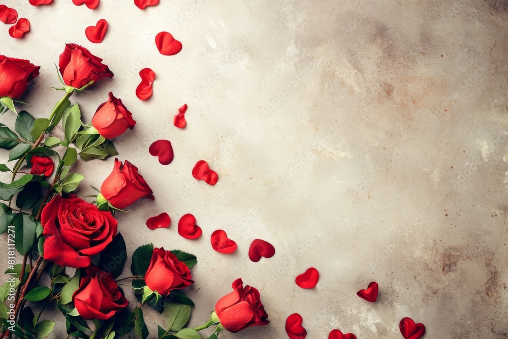 Roses and red rose petals lying on a stained, dirty, vintage, cement wall with copy space for valentines day background content. Roses and red rose petals lying on a stained, dirty, vintage, cement wall with copy space for valentines day background content.