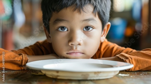 somber young boy with empty plate conceptual image of child hunger and nutritional deficiencies photo