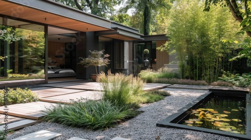 Minimalist home garden with a clean-lined water feature  gravel pathways  and sculptural plants