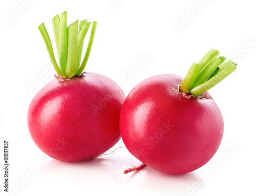 Two fresh small garden radishes on white background