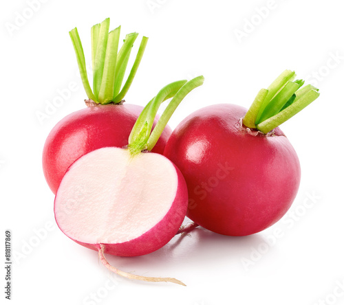 Fresh whole and half of small garden radishes on white background