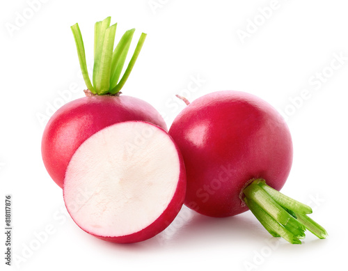 Fresh whole and half of small garden radishes on white background