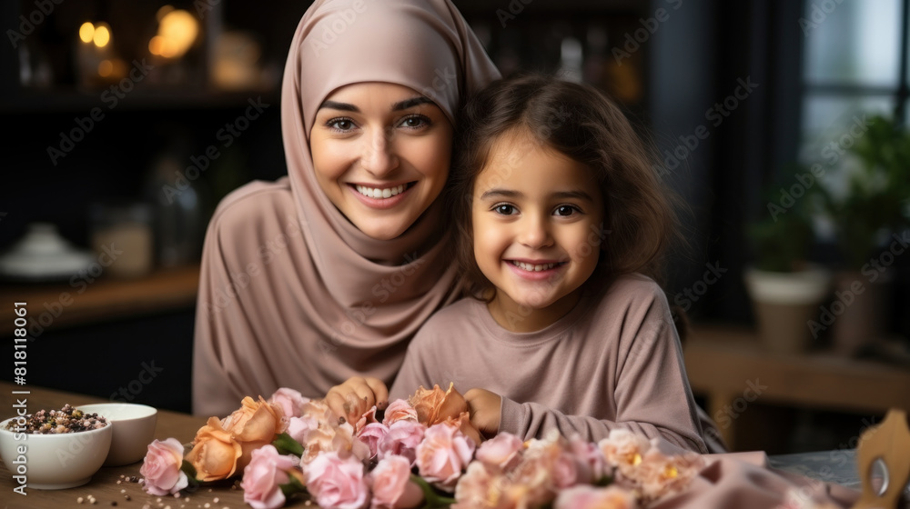 Loving Muslim Mom In Hijab Drawing With Her Little Daughter Surrounded By Flowers Loving Muslim Mom In Hijab Drawing With Her Little Daughter Surrounded By Flowers