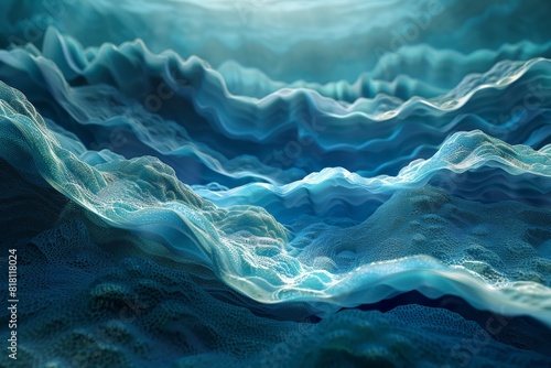 Digitally created texture resembling waves of a blue fabric with light highlights and detailed ridges photo