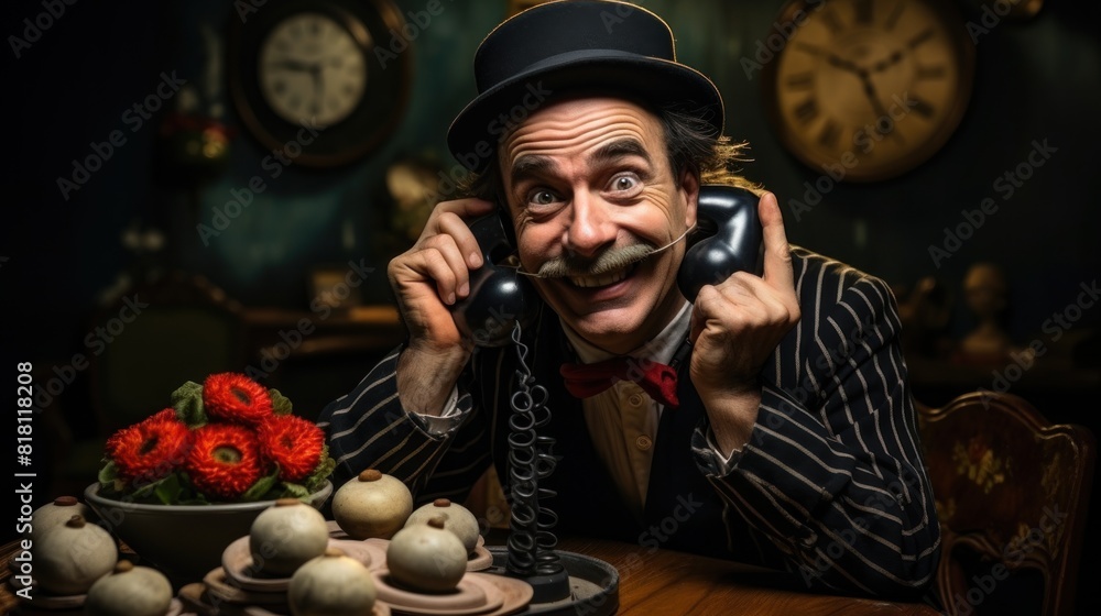 Mime Theater Actor with Old Telephone Performing in Vintage Setting with Flowers and Clocks Mime Theater Actor with Old Telephone Performing in Vintage Setting with Flowers and Clocks