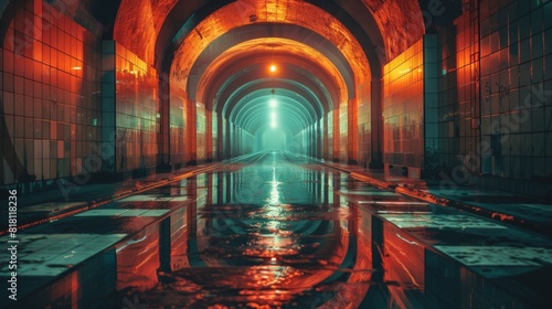 A sleek, futuristic tunnel with symmetrical architecture is mirrored in standing water, enhancing its depth