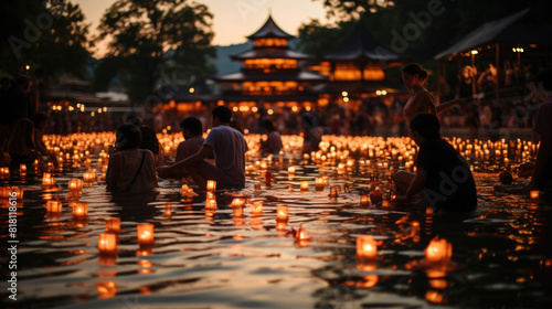 People Celebrating Yee Peng Festival with Floating Lamps at a Pagoda During Evening photo