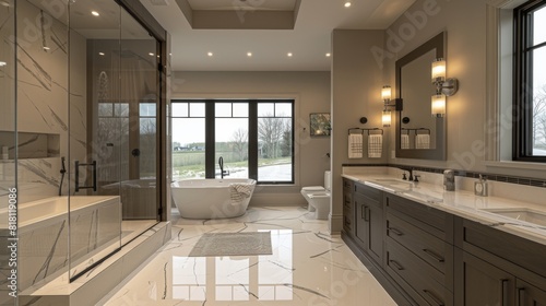 Modern bathroom with a glass-enclosed rain shower  sleek fixtures  and marble flooring