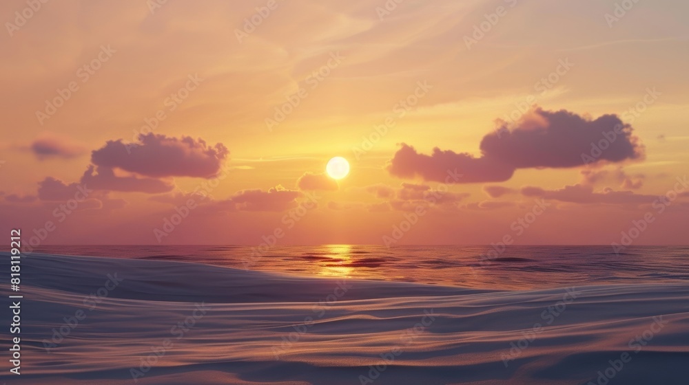 Obraz premium As the sun sets over the desert the illusion of a fiery sunset over a tranquil ocean can be seen on the horizon.