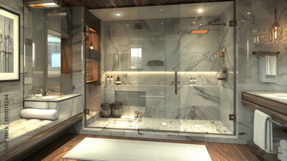 Modern bathroom with a glass-enclosed rain shower, sleek fixtures, and marble flooring Modern bathroom with a glass-enclosed rain shower, sleek fixtures, and marble flooring