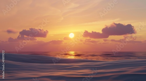 As the sun sets over the desert the illusion of a fiery sunset over a tranquil ocean can be seen on the horizon.