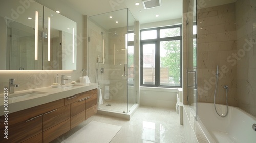 Modern bathroom with a glass partition  rainfall shower  and contemporary fixtures