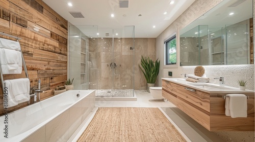 Modern bathroom with a glass partition, rainfall shower, and contemporary fixtures photo