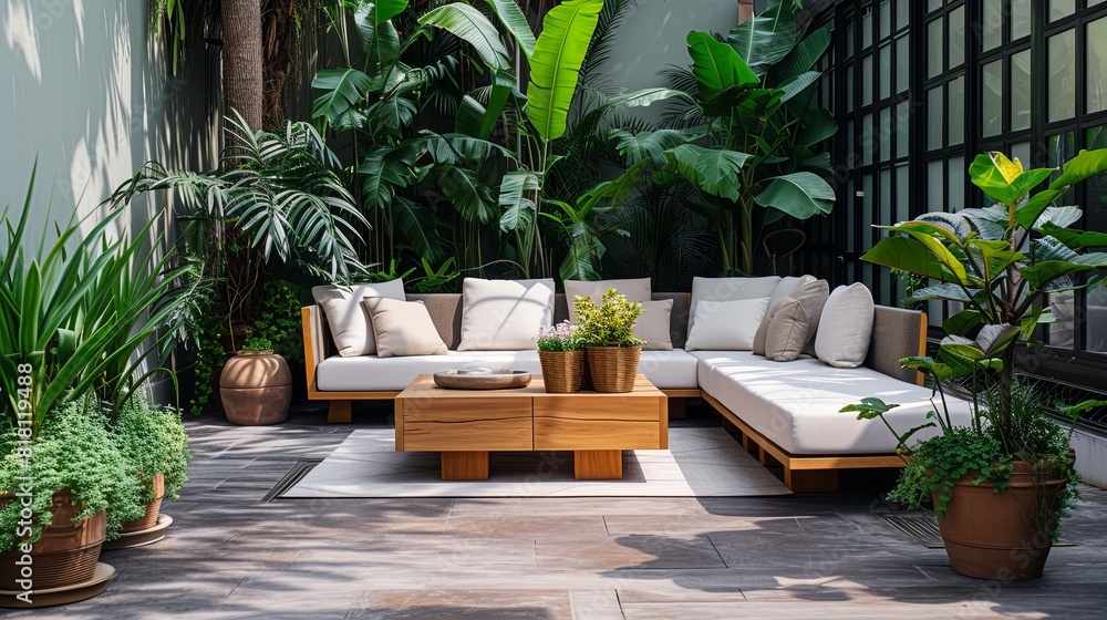 Patio adorned with stylish outdoor furniture, including a cozy sofa and coffee table, surrounded by lush greenery and potted plants