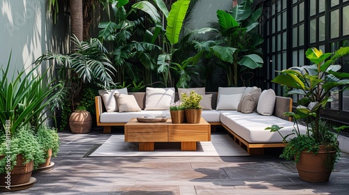 Patio adorned with stylish outdoor furniture, including a cozy sofa and coffee table, surrounded by lush greenery and potted plants
