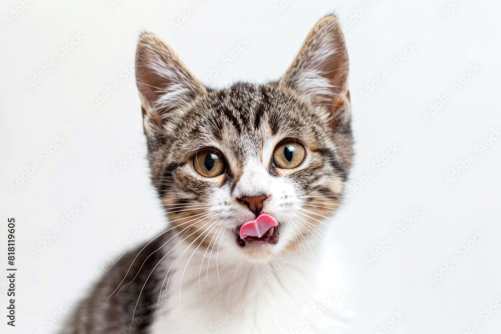 A cat making a funny face with its tongue out, isolated on a white background