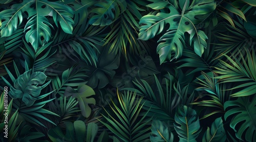 A dark green tropical jungle background with various leaves