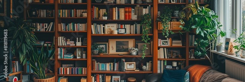 Bookshelf adorned with a mix of vintage and modern books photo