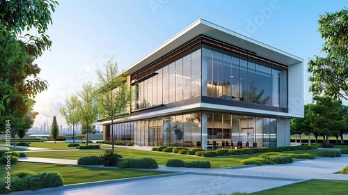 modern commercial building in industrial park professional office rental workplace landscaped facility exterior 3d rendering illustration © Bijac