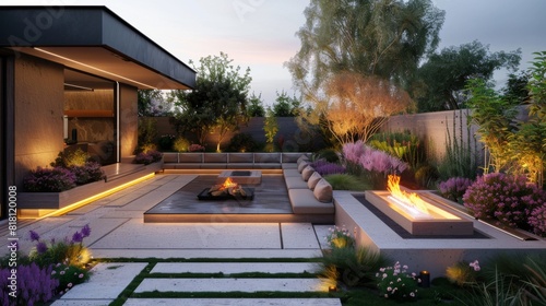 Modern garden featuring a streamlined fire pit area, minimalist seating, and ambient lighting photo