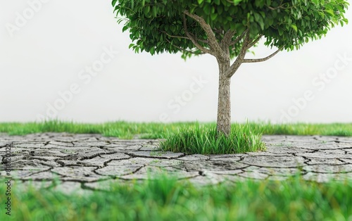 Lone tree straddling vibrant green grass and parched cracked earth.