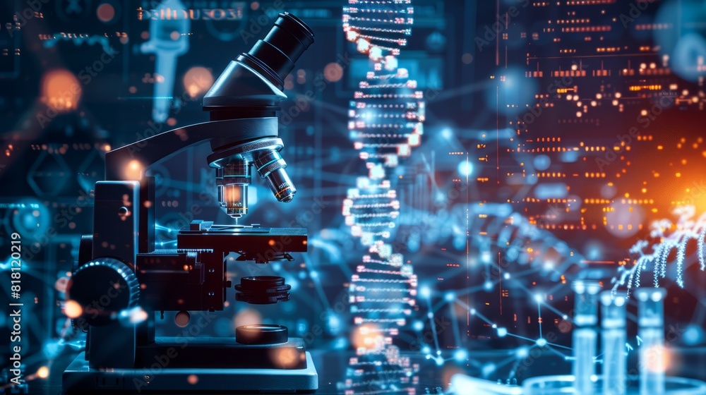 Fototapeta premium Research medical DNA lab science biotechnology scientist laboratory clinic medicine chemistry. Medical analysis DNA research equipment technology test microscope work health scientific computer gene