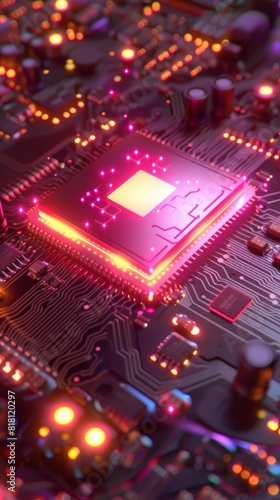 a close-up of a computer processor with glowing pink lights.