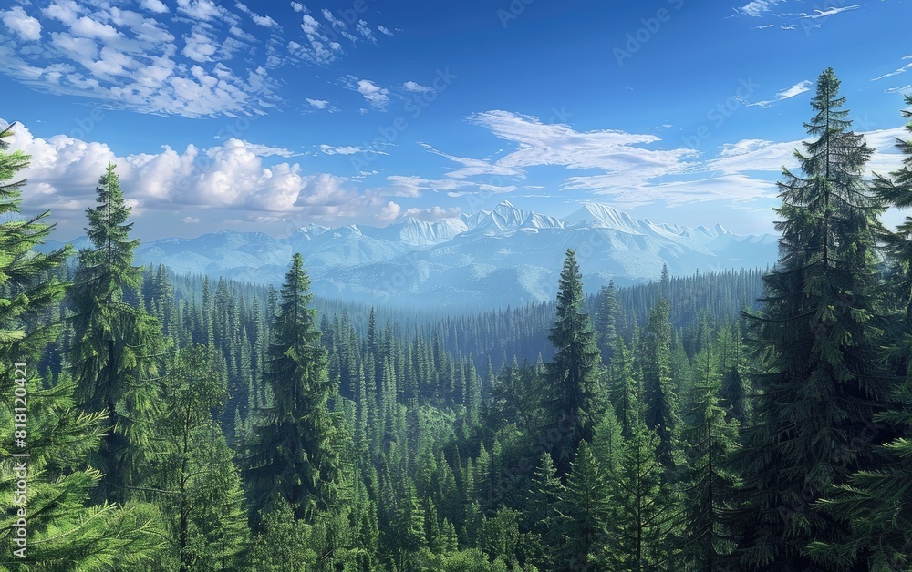 Lush coniferous forest with distant mountain vistas under blue sky.