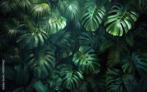 Lush  dark green monstera leaves in a dense  moody jungle scene.