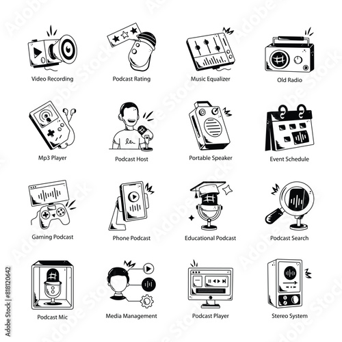 Set of Podcast Production Doodle Icons

