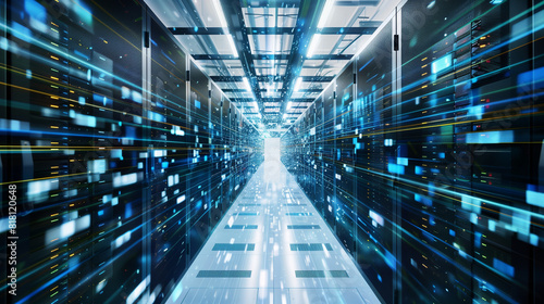 Digital information flows through the network and data servers behind glass panels in the server room of a data center or Internet service provider. 